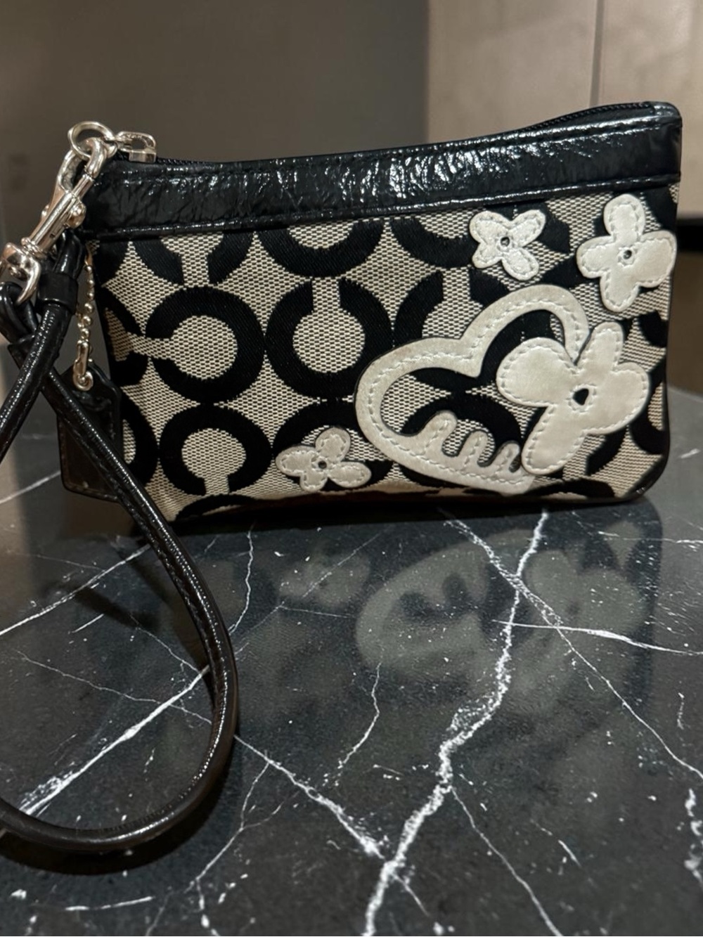 Coach Black and Beige Signature Wristlet with Heart Appliqué